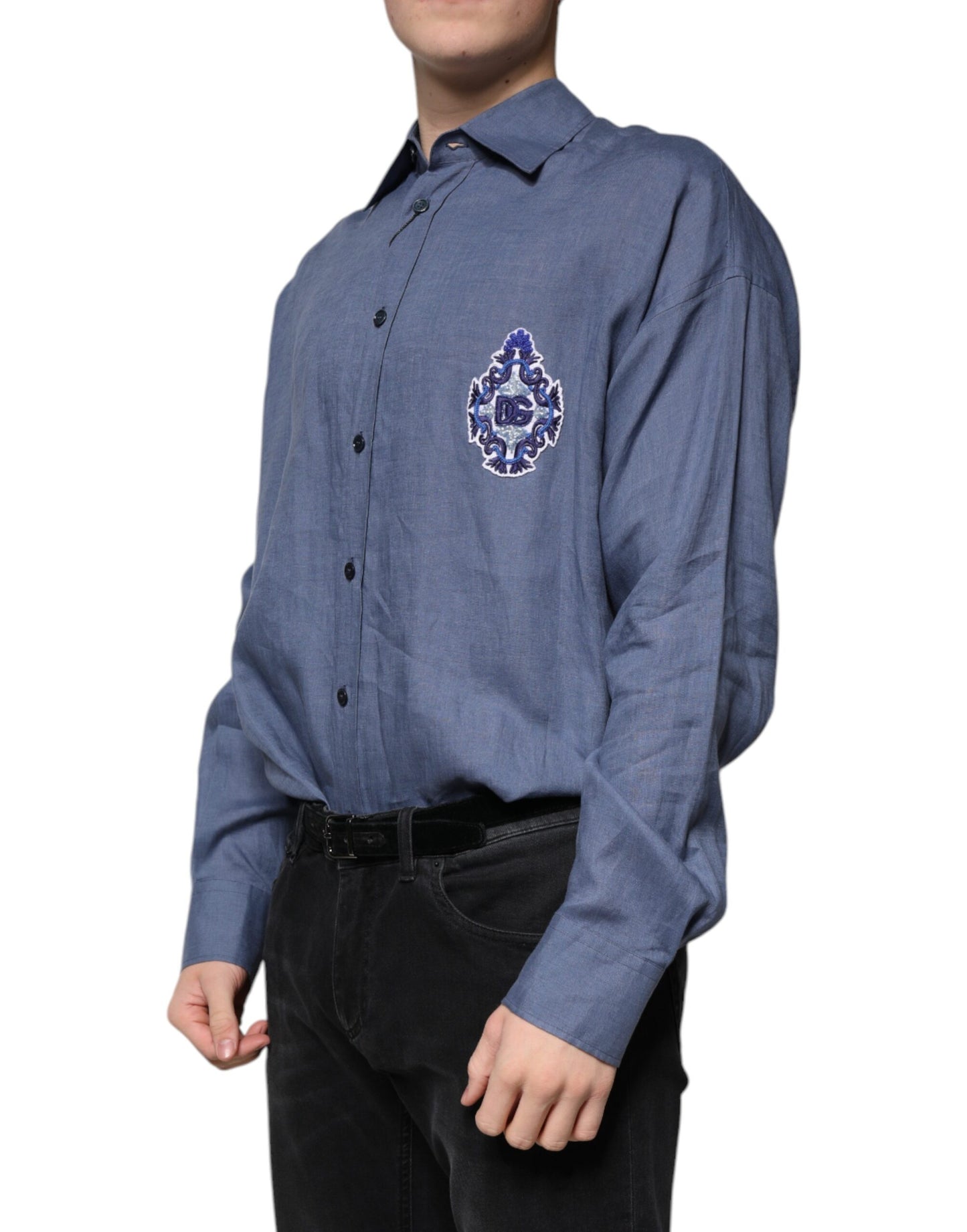 Blue Logo Long Sleeve Button Down Casual Shirt