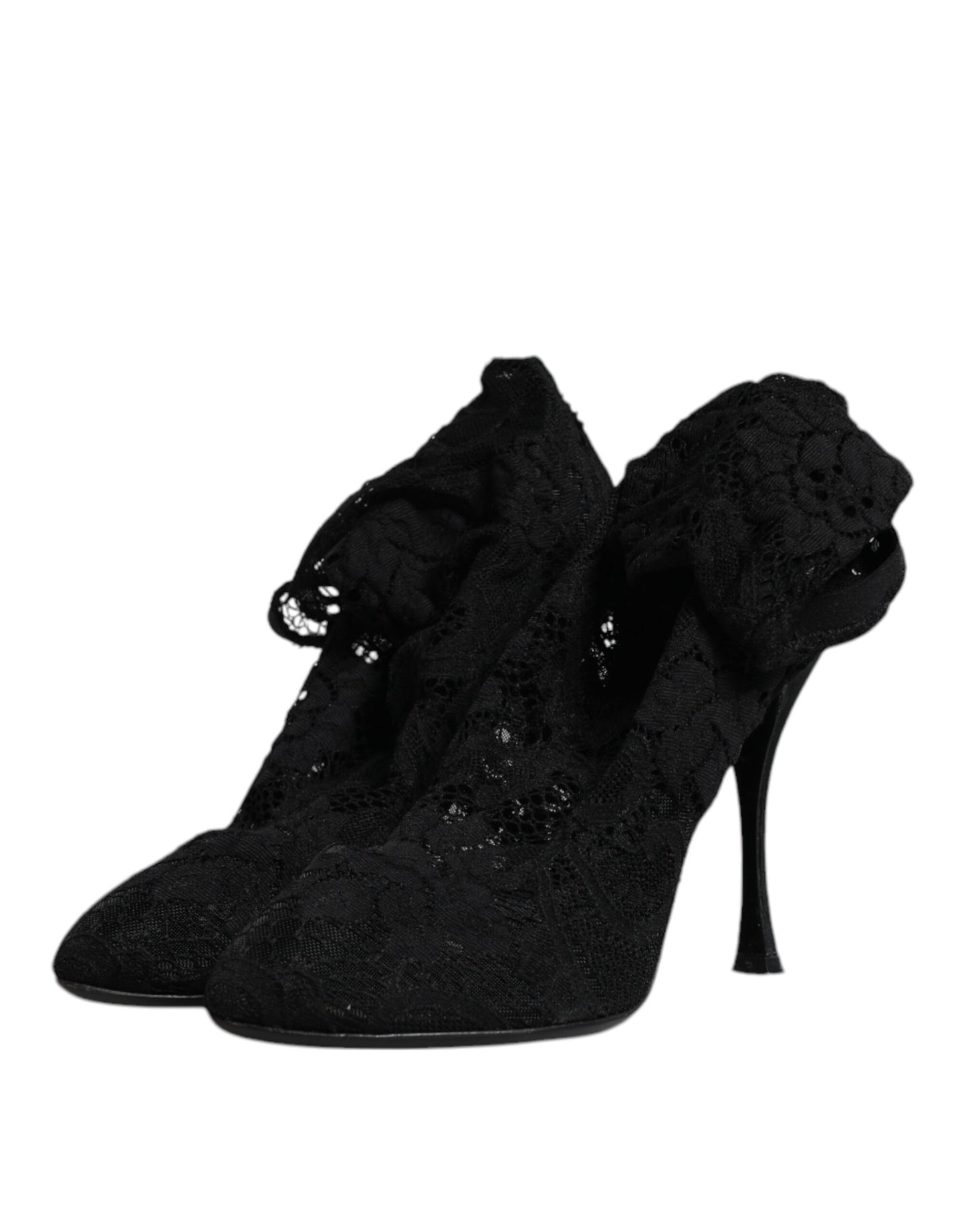 Black Lace Stretch Heels Mid Calf Boots Shoes