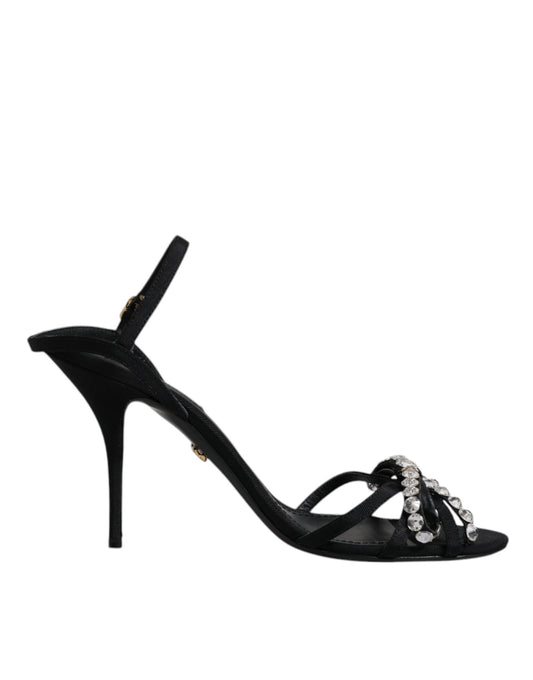 Black Leather Crystal Bow KEIRA Sandals Shoes