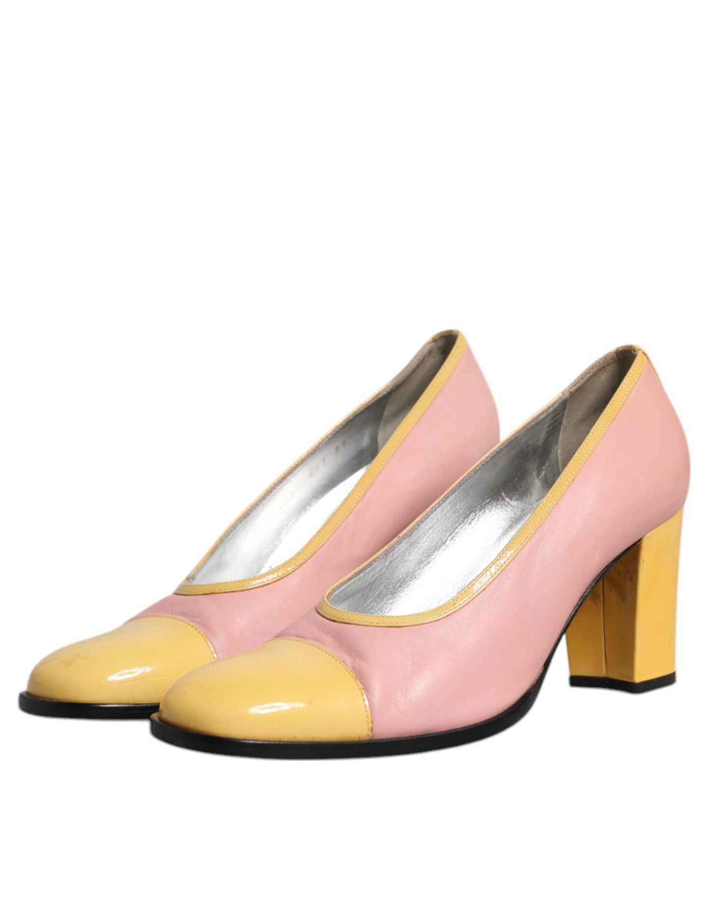 Pink Yellow Leather Block Heels Pumps Shoes