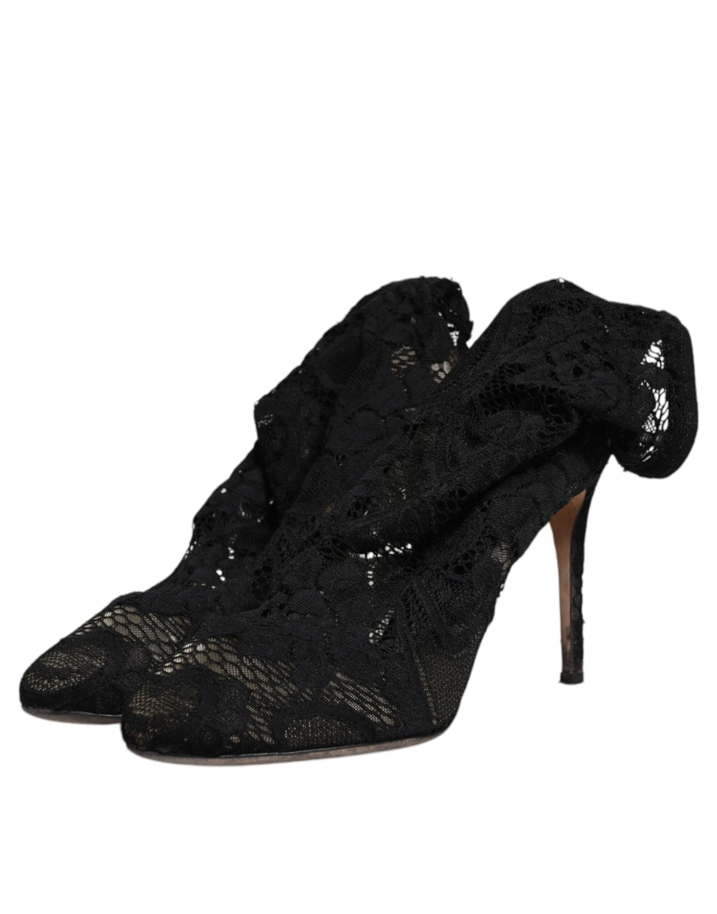 Black Lace Stretch Heels Mid Calf Boots Shoes