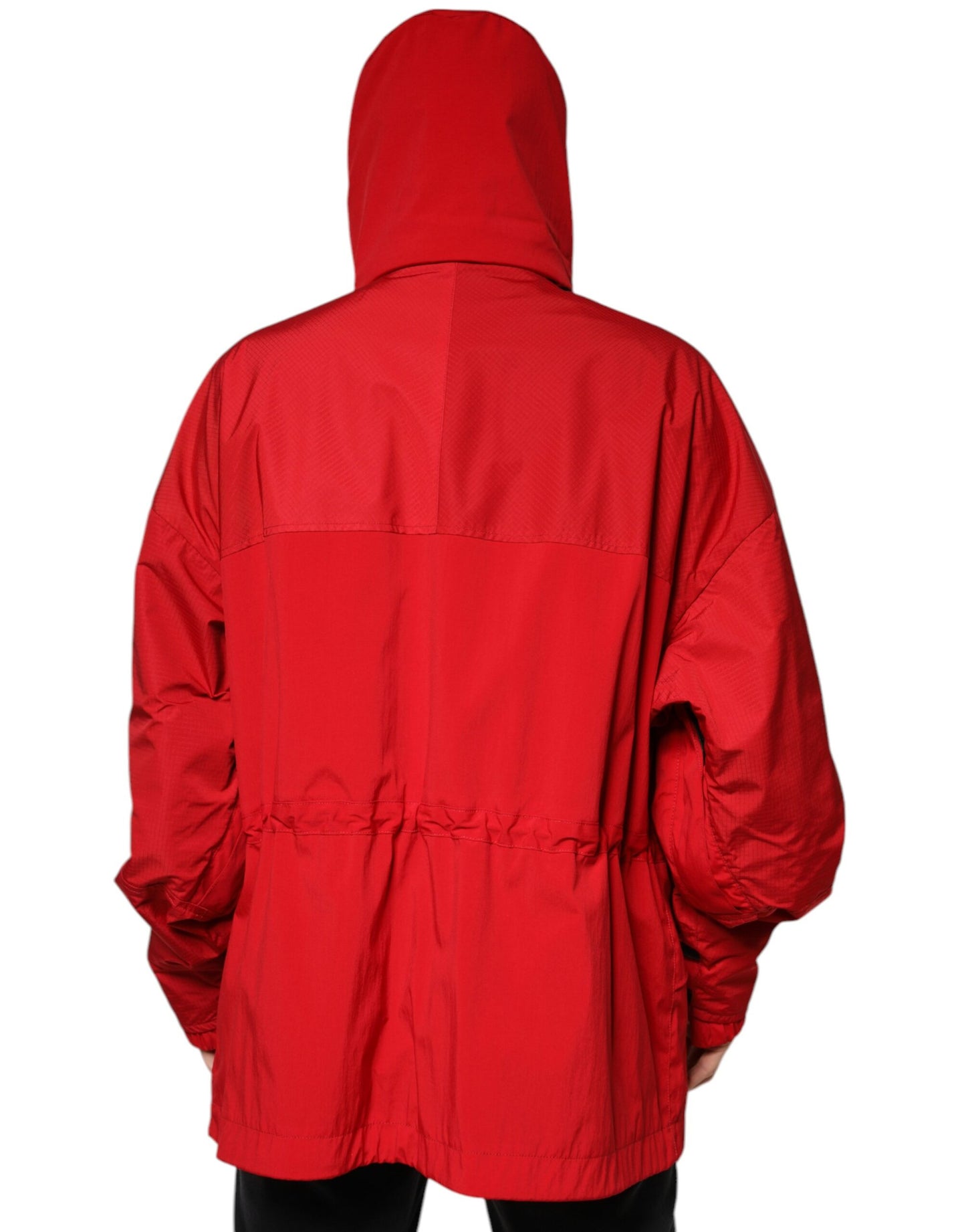 Red Nylon Hooded Men Full Zip Parka Jacket