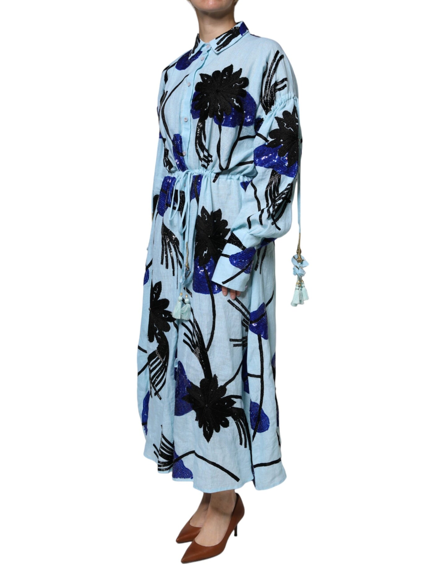 Light Blue Floral Embellished Shirt Maxi Dress