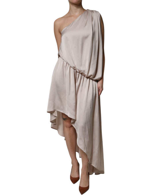 Beige One Shoulder Asymmetric Drape Dress