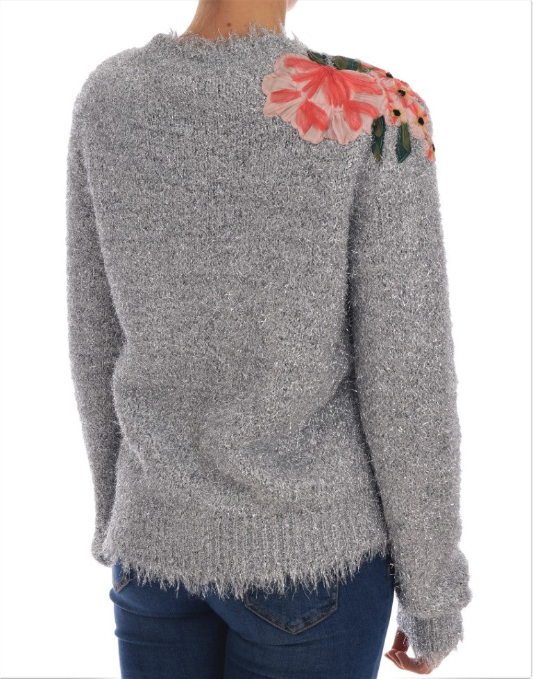 Elegant Silver Floral Applique Cardigan