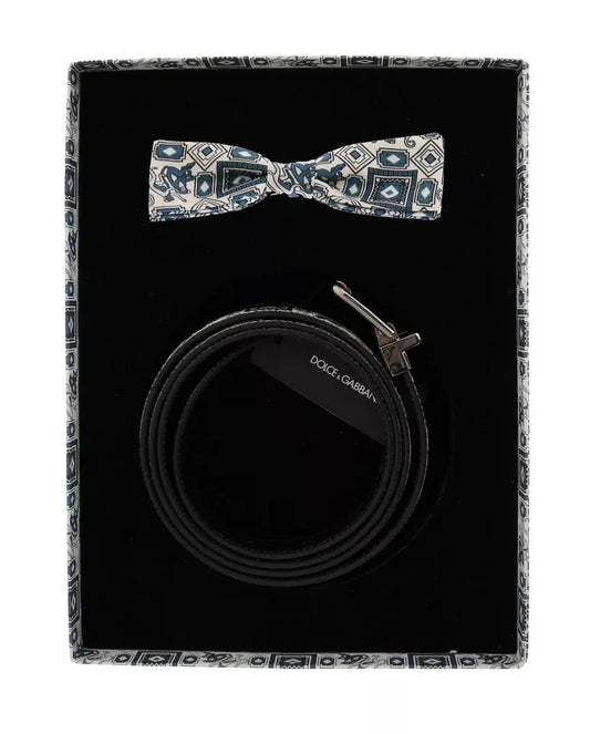 White Blue Silk Bowtie Leather Belt Gift Box Set