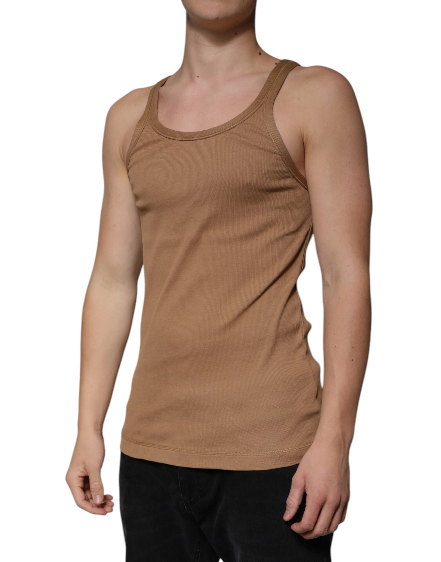 Brown Cotton Sleeveless Round Neck Tank T-shirt