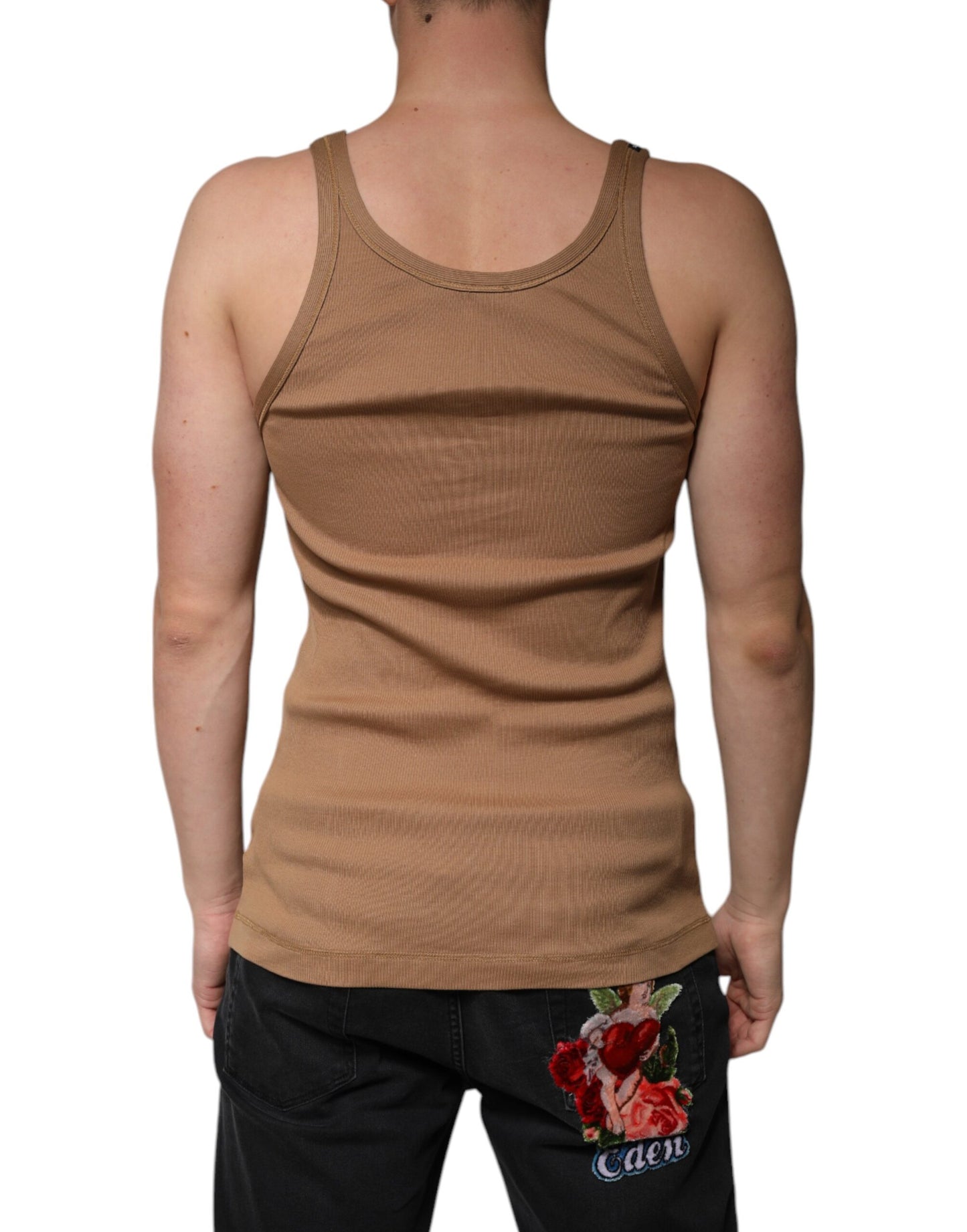 Brown Cotton Sleeveless Round Neck Tank T-shirt