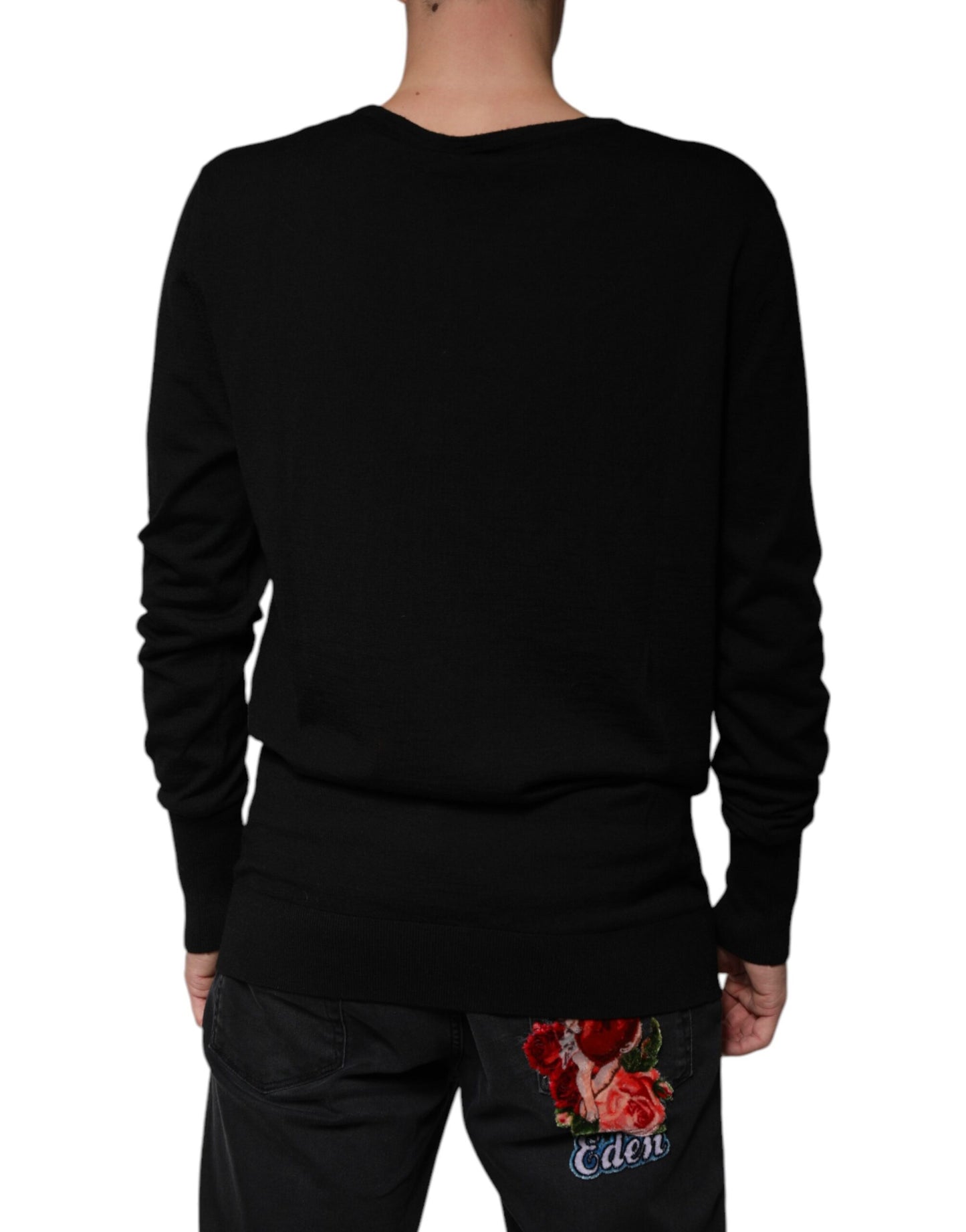 Black Wool Round Neck Pullover Sweater