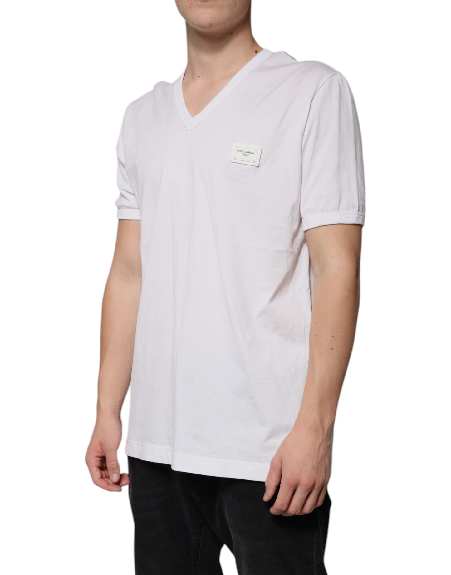 White Logo V-neck Short Sleeve T-shirt