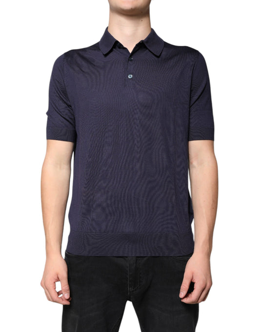 Blue Silk Collared Short Sleeves Polo T-shirt