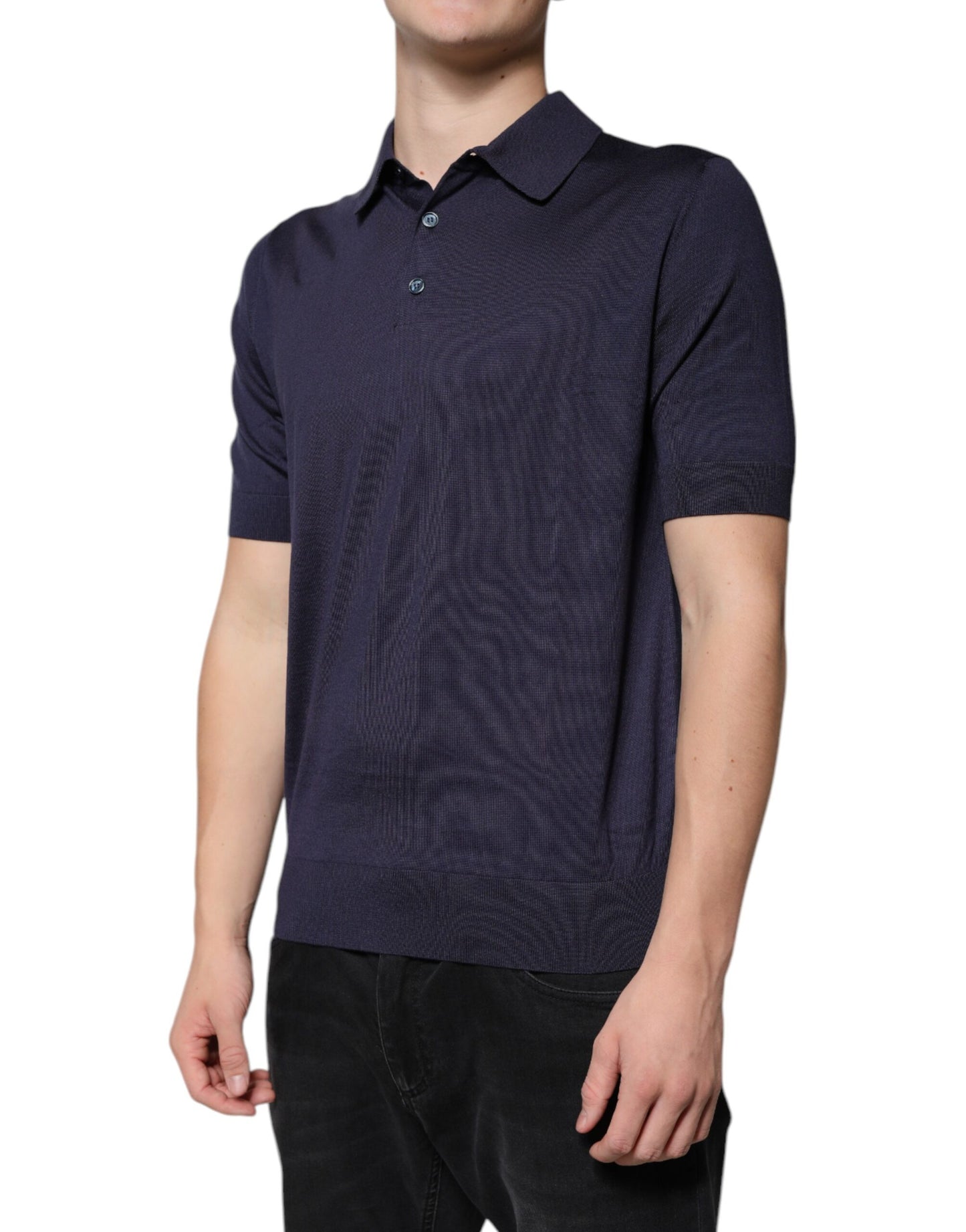 Blue Silk Collared Short Sleeves Polo T-shirt