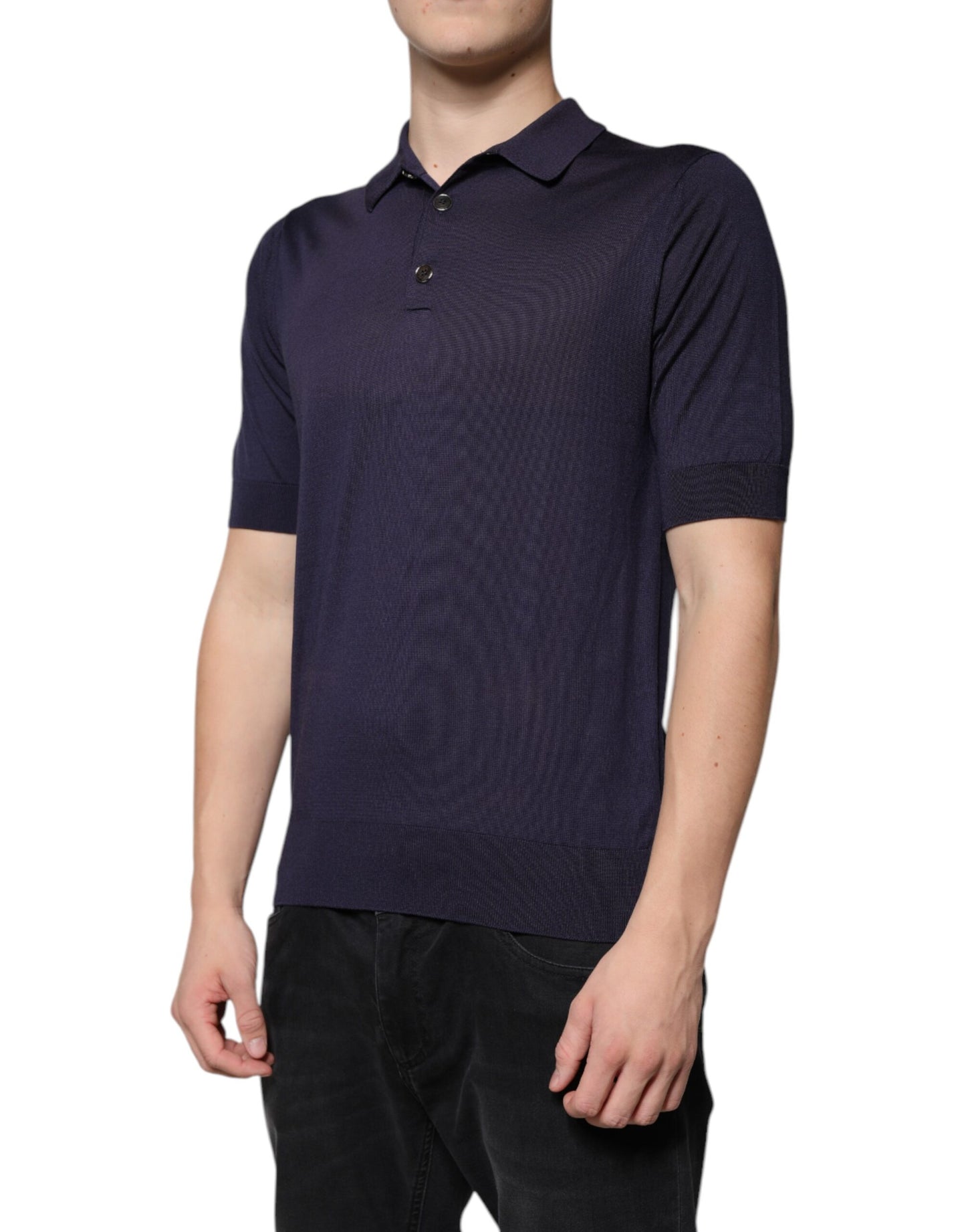 Blue Silk Collared Short Sleeves Polo T-shirt