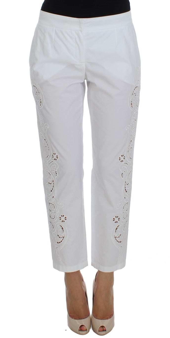 Elegant White Floral Cutout Dress Pants