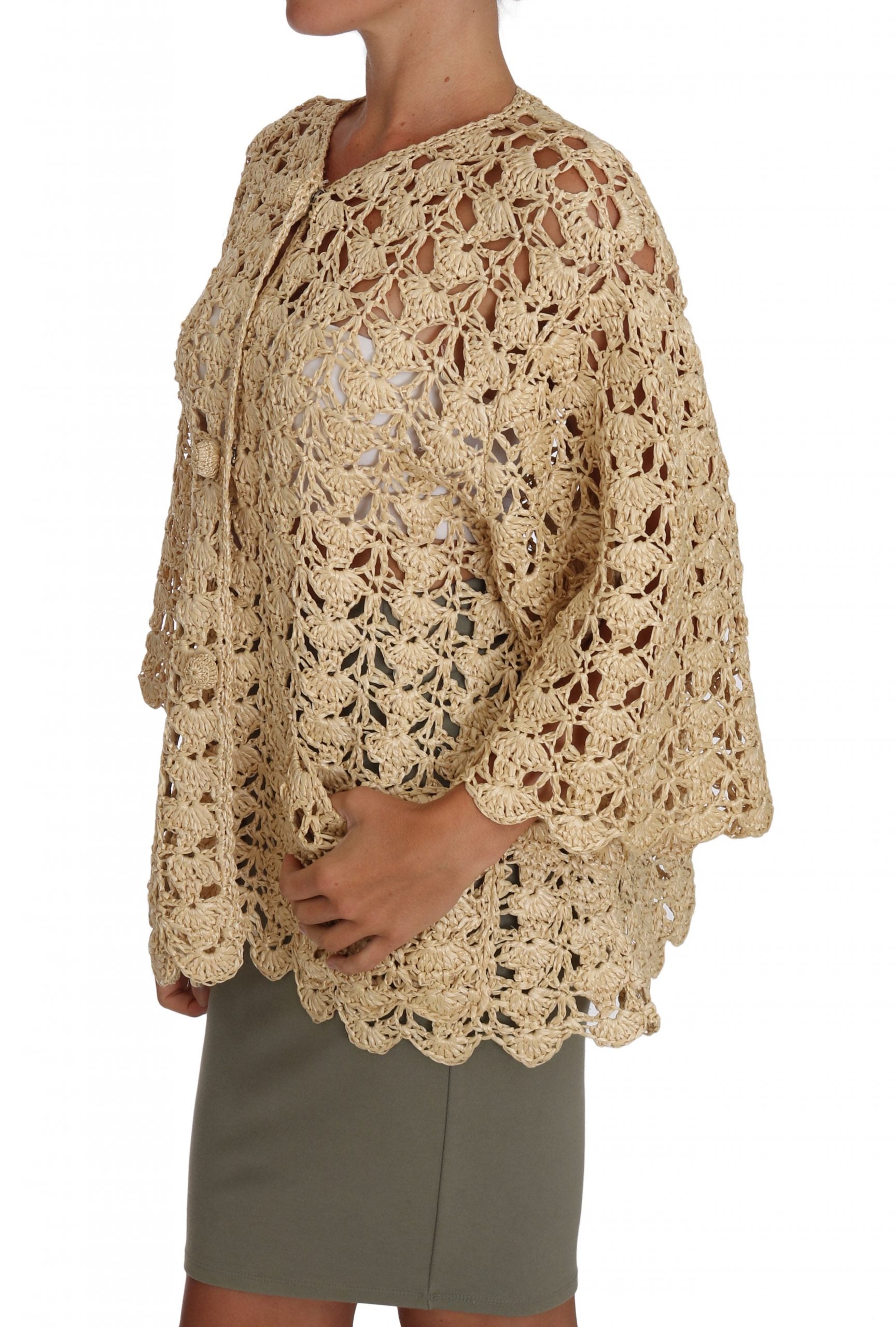 Chic Beige Crochet Raffia Cardigan