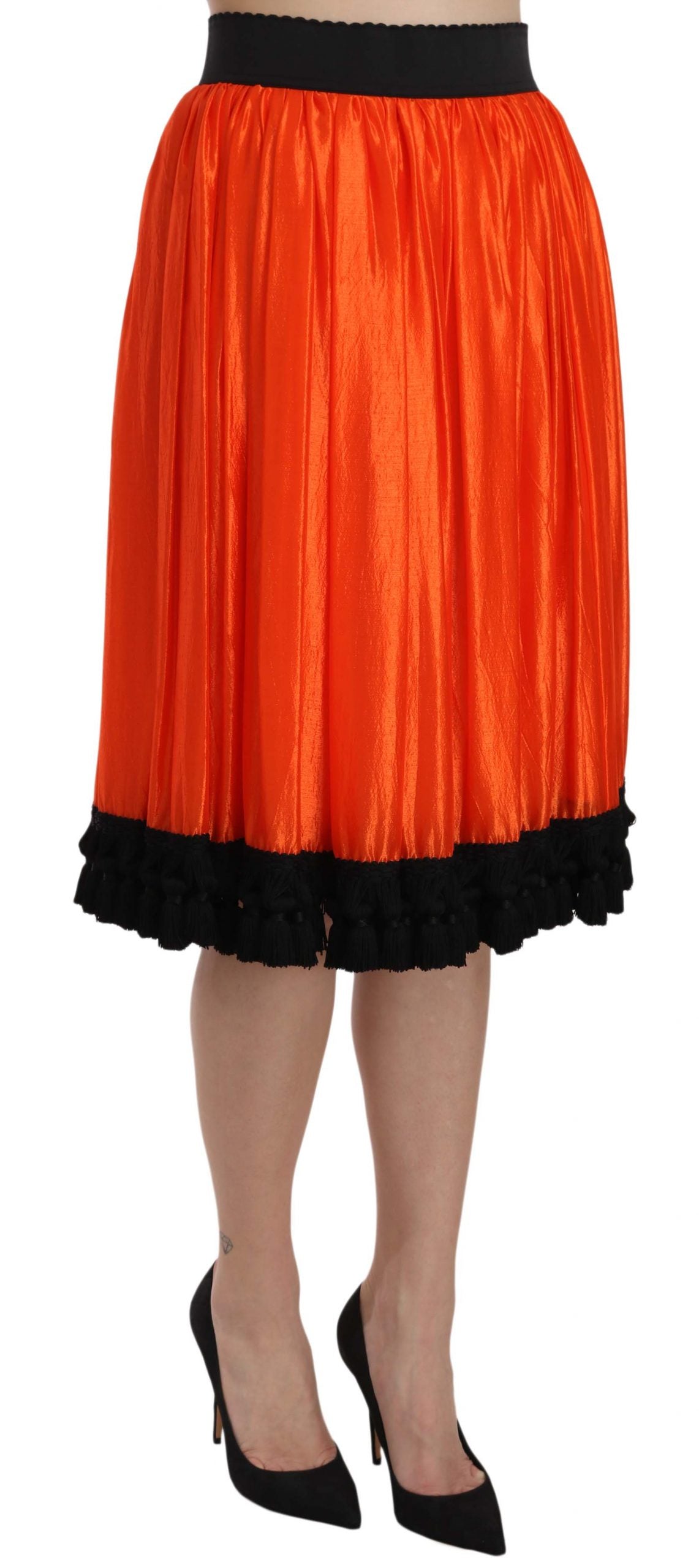 High-Waist Black & Orange Knee-Length Skirt