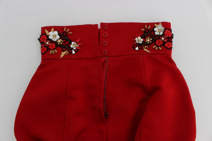 Dolce & Gabbana Red Silk Crystal-Embellished High Waist Shorts