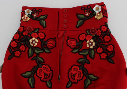 Glamorous Red Silk Floral Embroidered Shorts