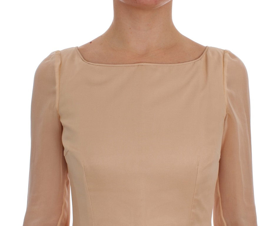 Elegant Beige Silk Full Length Sheath Dress