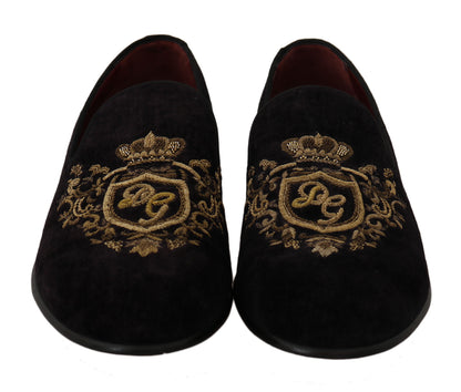 Elegant Black Loafers with Gold Crown Embroidery