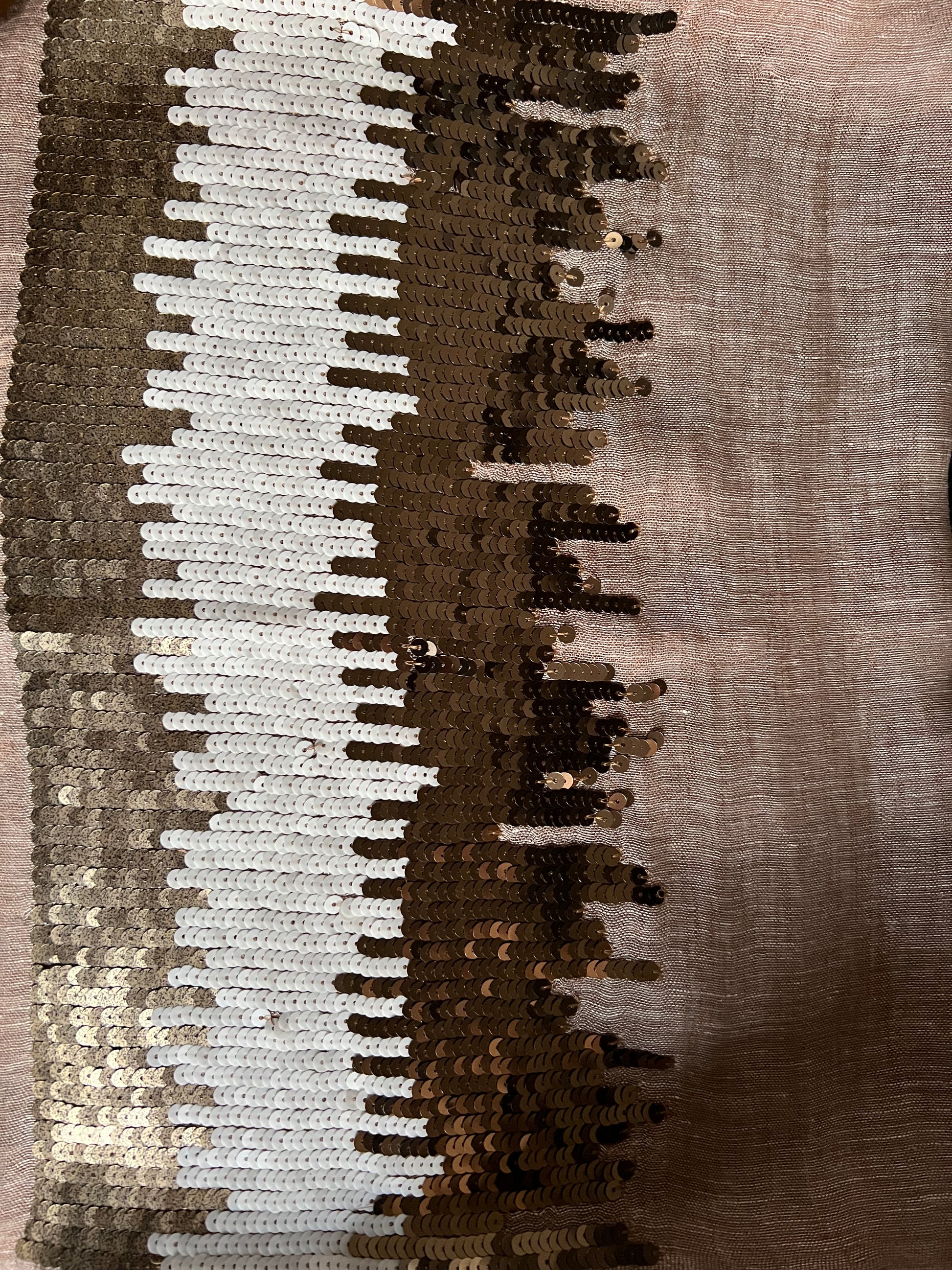 Brown with Brown & White Sequenced Border Cotton-Silk Rich Linen Blend - Scarves / Wraps / Stoles