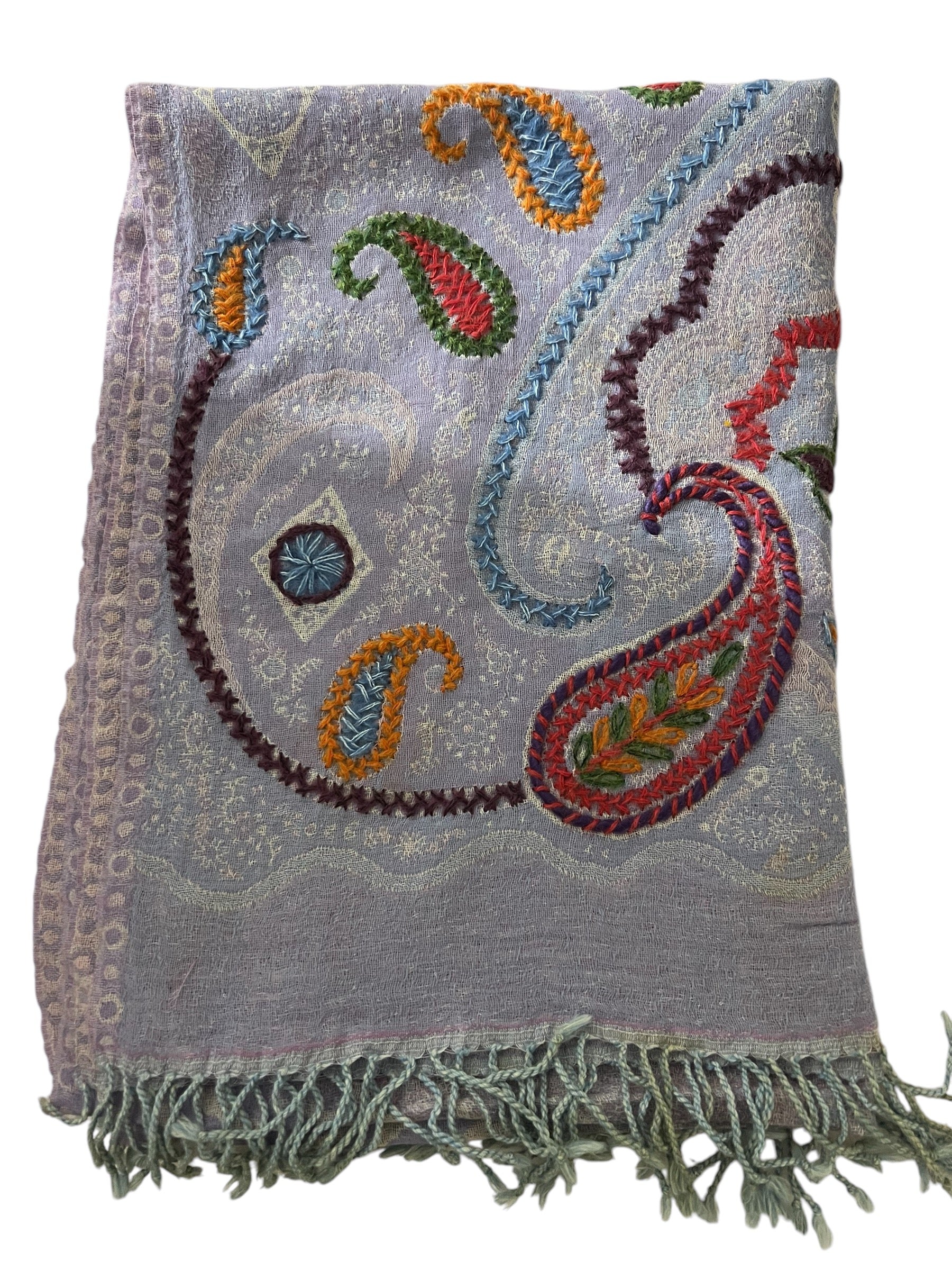 Lavender Self Embroidered with Mango Embroidery Wool - Scarves / Wraps / Stoles