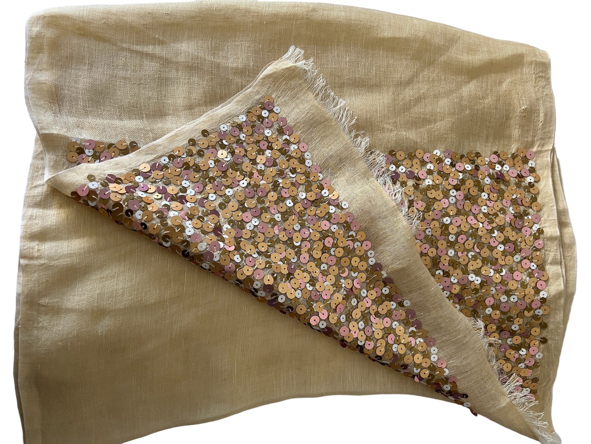 Beige / Cream with Multi-Coloured Sequence - Cotton-Silk Rich Linen Blend - Scarves / Wraps / Stoles