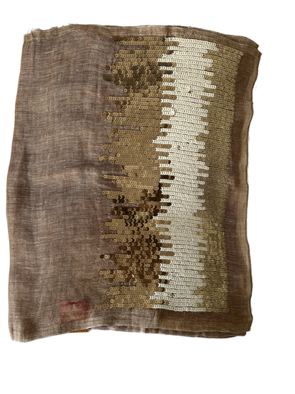 Brown with Brown & White Sequenced Border Cotton-Silk Rich Linen Blend - Scarves / Wraps / Stoles