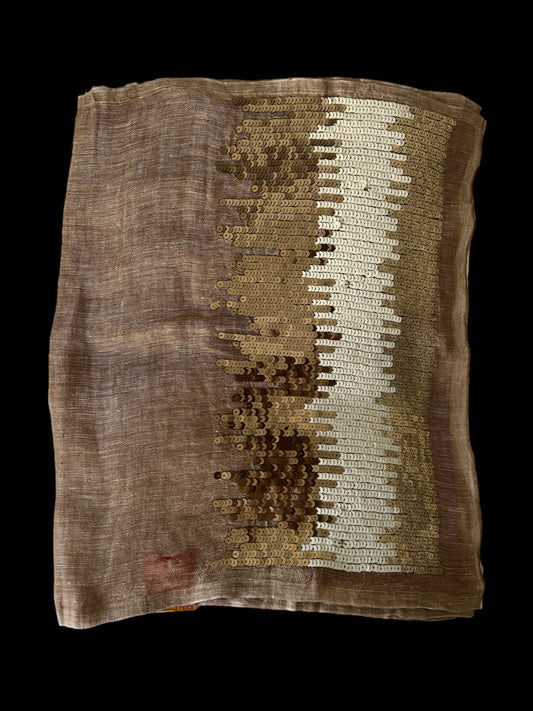 Brown with Brown & White Sequenced Border Cotton-Silk Rich Linen Blend - Scarves / Wraps / Stoles