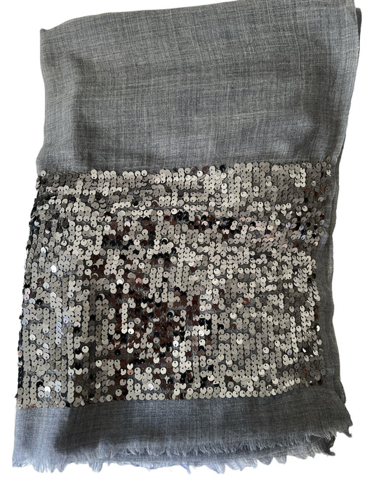 Bluish-Gray with Sequenced Border Silk-Wool - Scarves / Wraps / Stoles