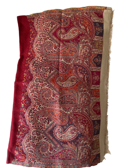 Red Embroidered Self Print Border Wool - Scarves / Wraps / Stoles