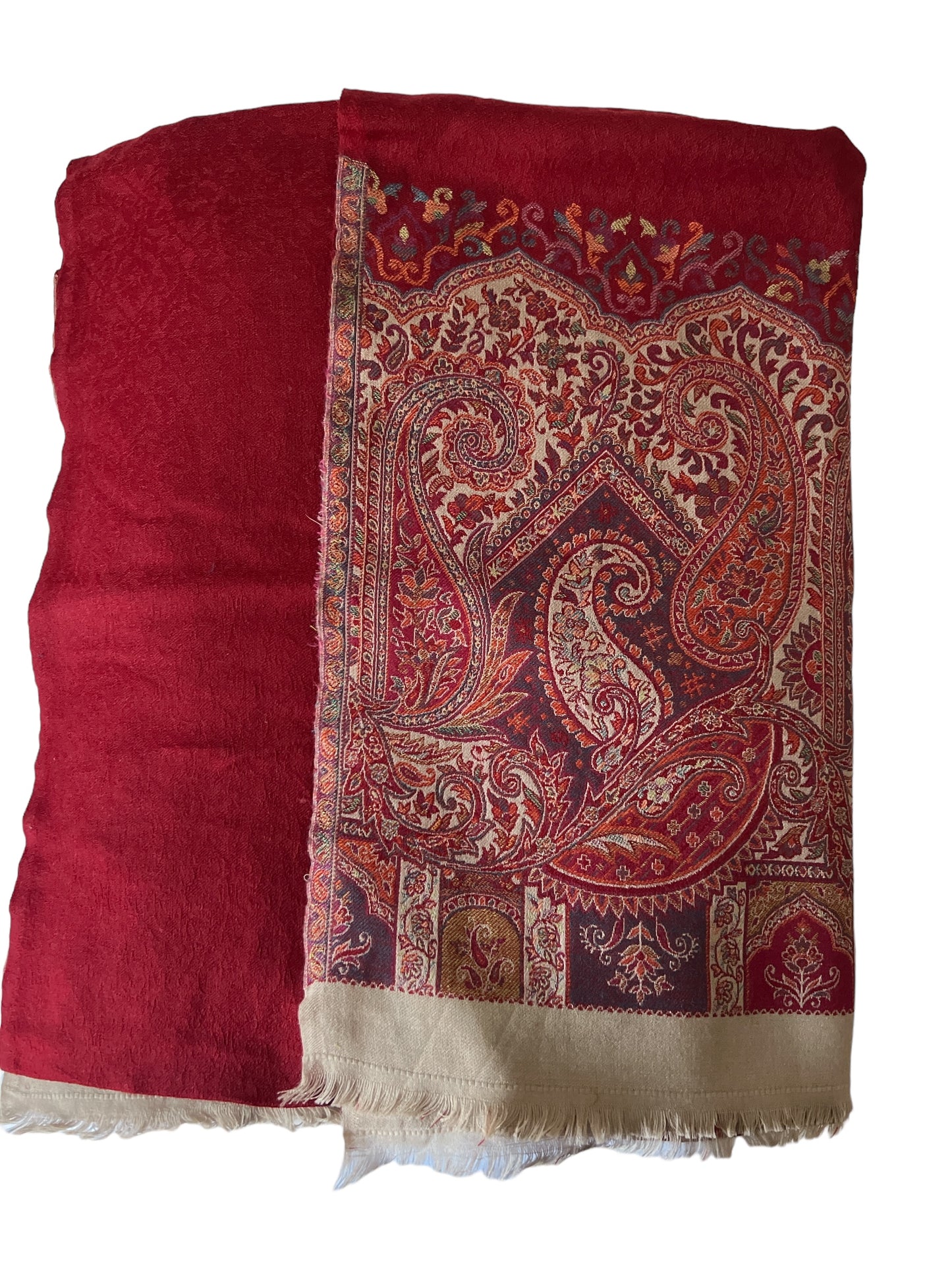 Red Embroidered Self Print Border Wool - Scarves / Wraps / Stoles