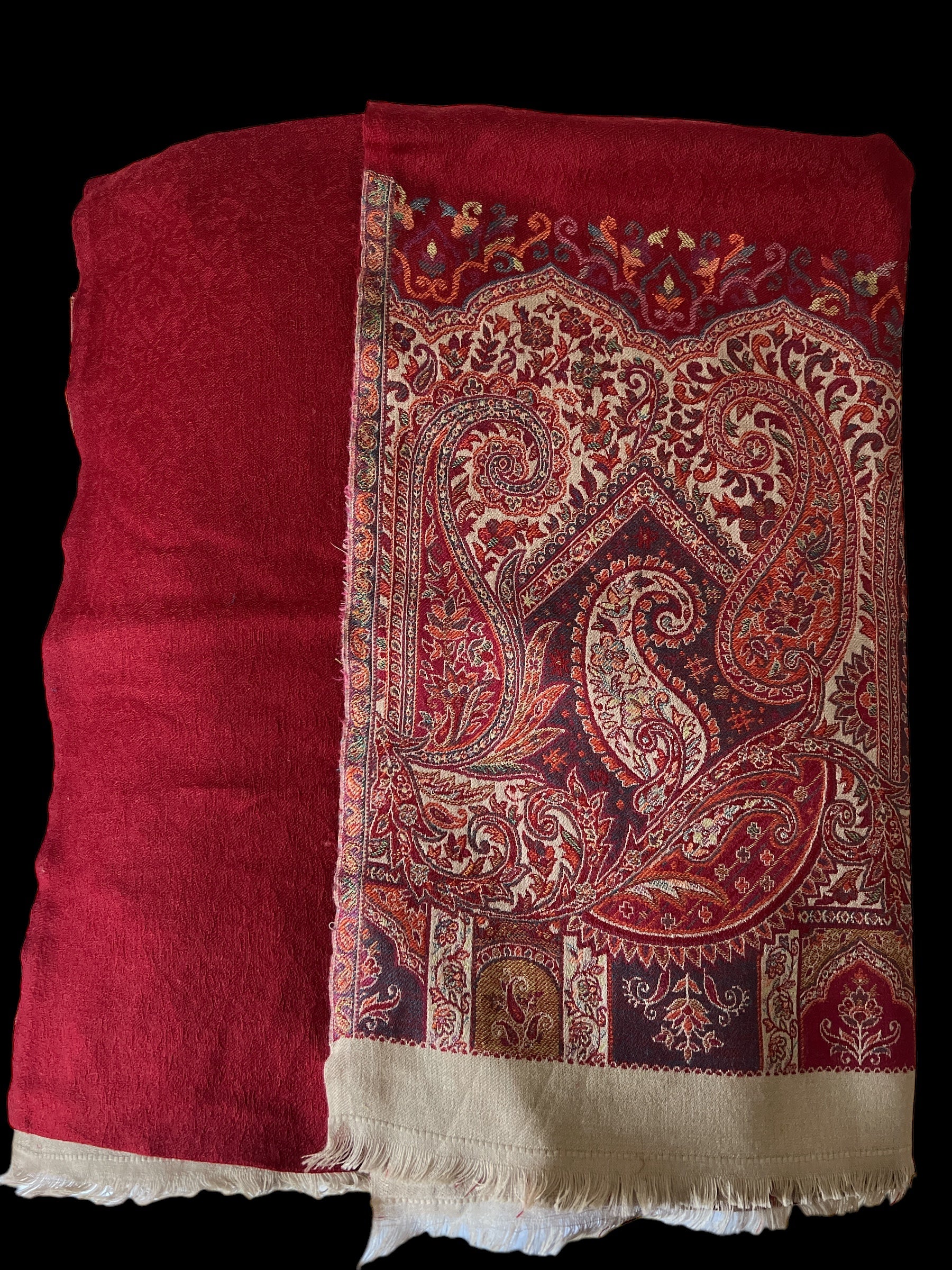 Red Embroidered Self Print Border Wool - Scarves / Wraps / Stoles