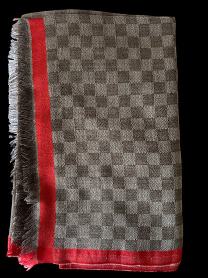 Brown Checks with Red Border Silk-Wool Blend - Scarves / Wraps / Stoles