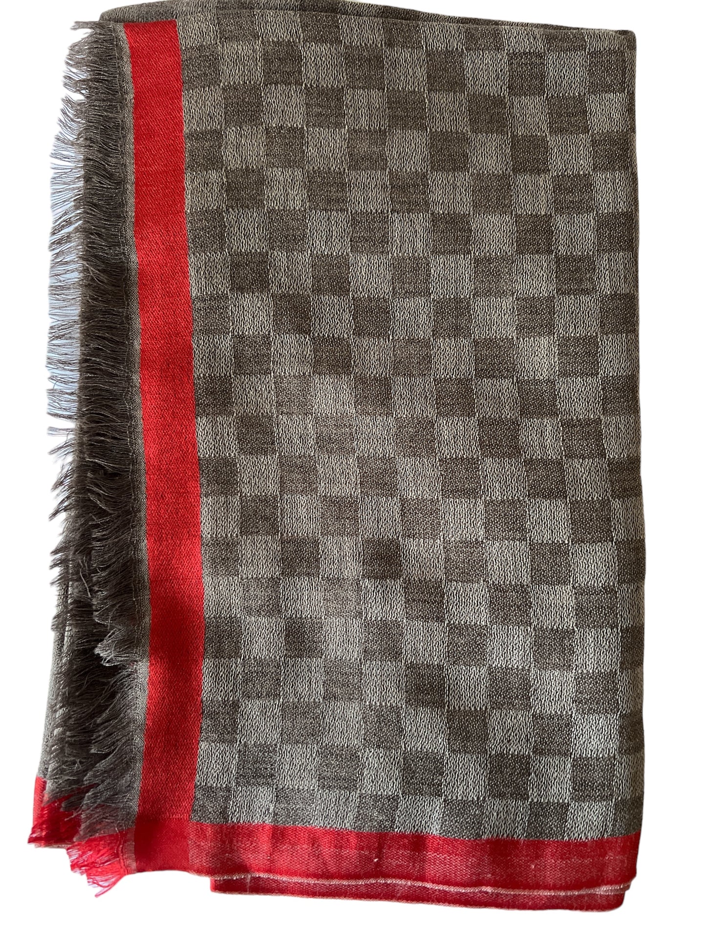 Brown Checks with Red Border Silk-Wool Blend - Scarves / Wraps / Stoles