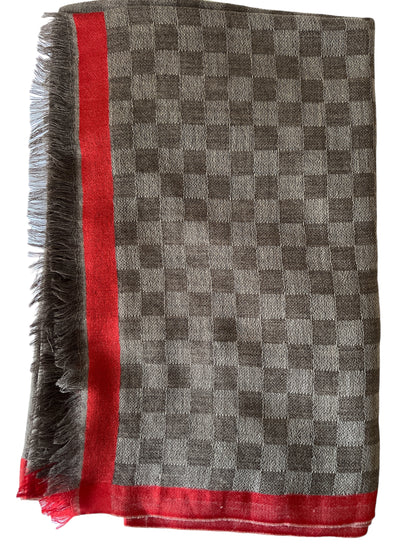 Brown Checks with Red Border Silk-Wool Blend - Scarves / Wraps / Stoles