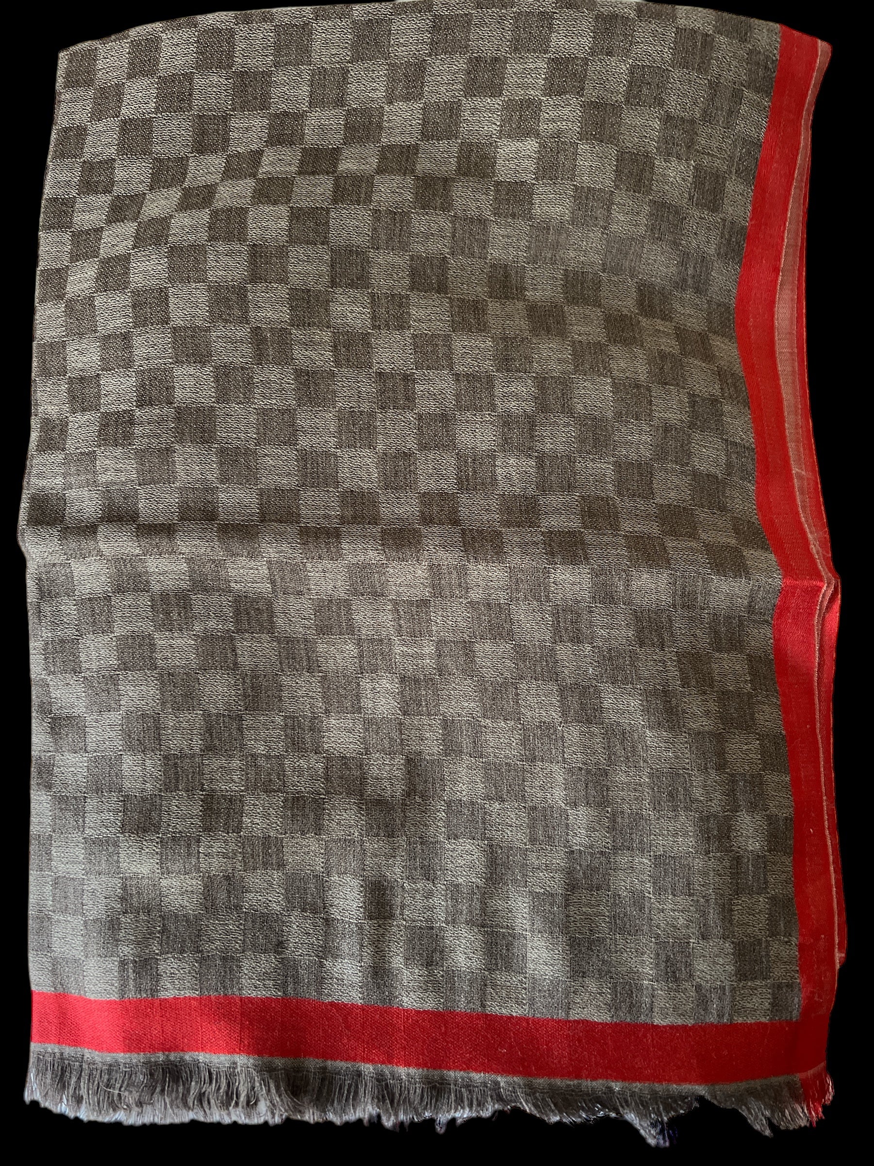 Brown Checks with Red Border Silk-Wool Blend - Scarves / Wraps / Stoles