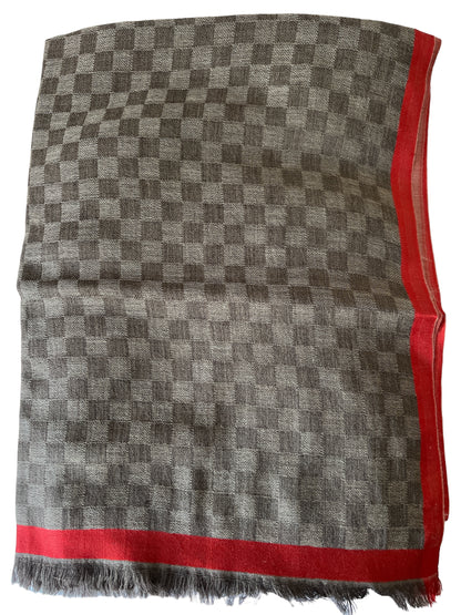 Brown Checks with Red Border Silk-Wool Blend - Scarves / Wraps / Stoles