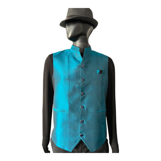 Imperial Blue Hue Mandarin Collar Silk Vest