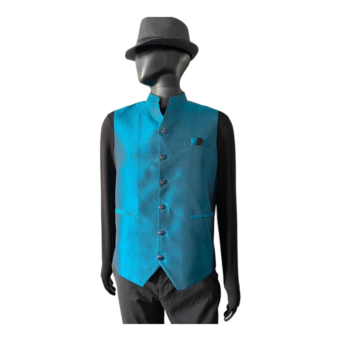 Imperial Blue Hue Mandarin Collar Silk Vest