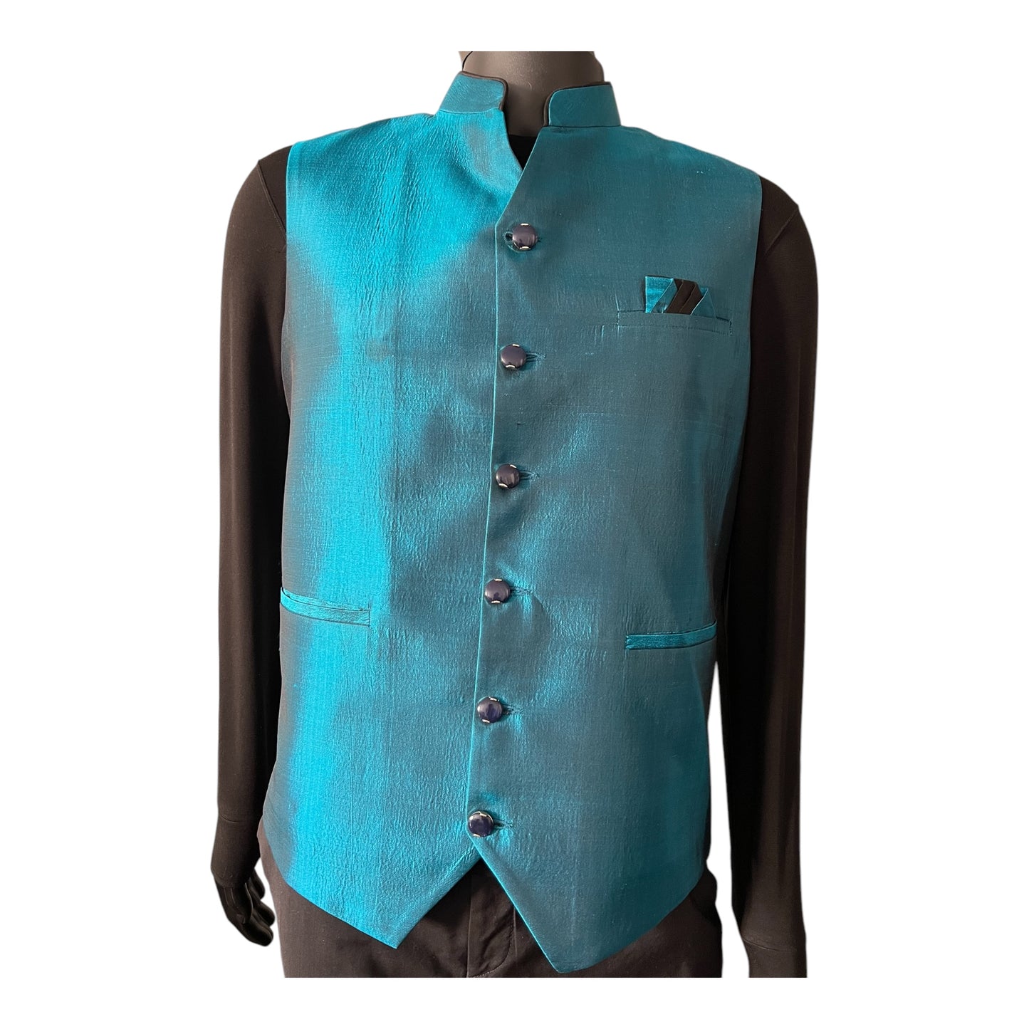 Imperial Blue Hue Mandarin Collar Silk Vest