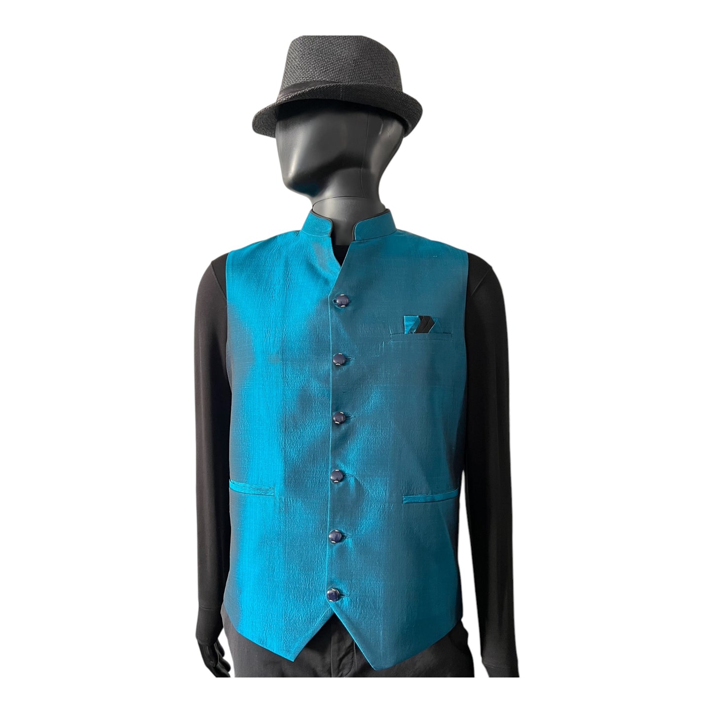 Imperial Blue Hue Mandarin Collar Silk Vest