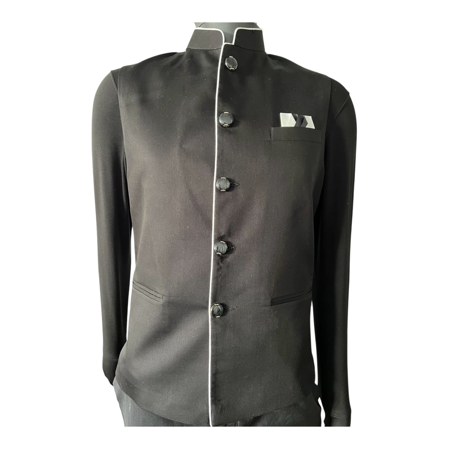 Jet-Black Hue Mandarin-Collar Silk Vest