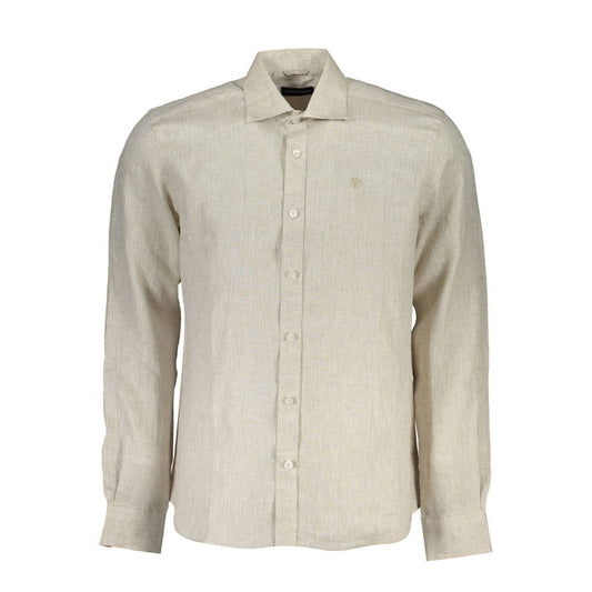 North Sails Beige Linen Italian Collar Shirt with Logo Embroidery