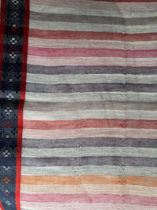 Multicoloured Stripes with Blue Border - Cotton-Silk-Linen- Scarves / Wraps / Stoles