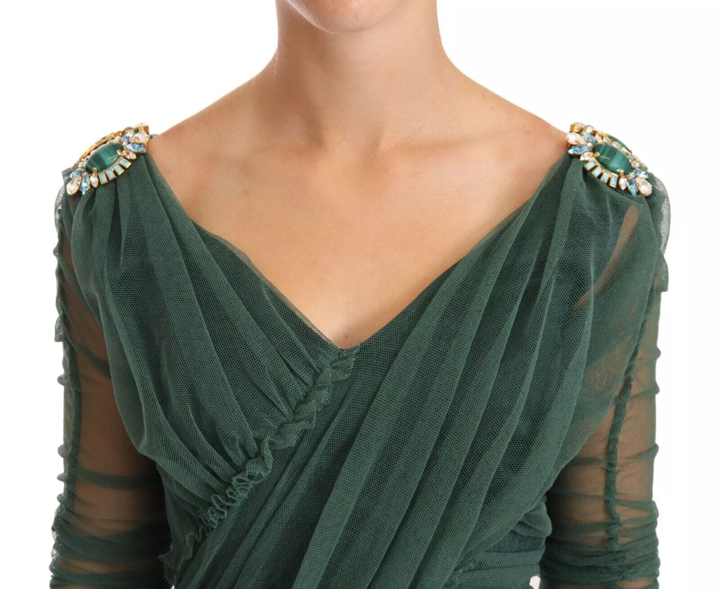 Dolce & Gabbana Green Mesh Crystal Ruched Tulle Midi Dress