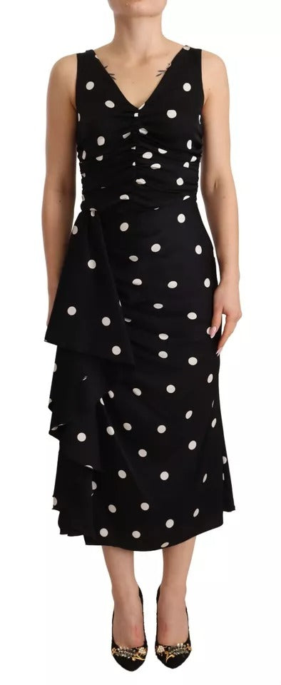 Dolce & Gabbana Black Silk Polka Dots V-neck Sheath Midi Dress